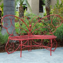 Alpine Corporation 62" x 26" Outdoor 2 Person Metal Butterfly Shaped Garden Bench, Red