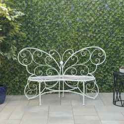 Alpine Corporation 62"L Indoor/Outdoor 2 Person Metal Butterfly Shaped Garden Bench, White