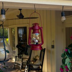 Alpine Corporation 10"H Indoor/Outdoor Metal and Glass Hurricane Lantern with Dimmable LED Lights, Red