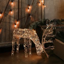 Alpine Corporation 24"H Outdoor Rattan Grazing Reindeer Lawn Decoration with White Halogen Lights