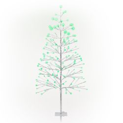 Alpine Corporation 60"H Indoor/Outdoor Artificial Christmas Tree with Green LED Lights, Silver