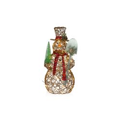 Alpine Corporation 24"L Rattan Snowman with Shovel/Scarf Decor and Warm White LEDs