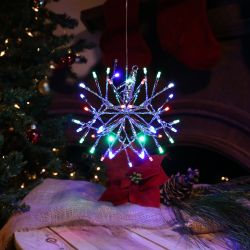 Alpine Corporation 10"H Indoor Christmas Snowflake Ornament with Multi-Colored LED Lights, Silver