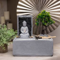 Alpine Corporation 13" Tall Buddha Zen Garden Tabletop Waterfall Fountain with LED Light, Gray