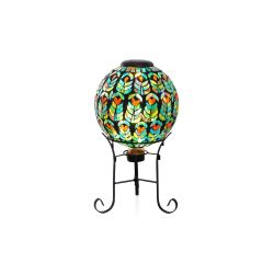 Alpine Corporation 12"L Solar 10" Peacock Feather Mosaic Gazing Globe w/Metal Stand