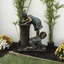 Alpine Corporation 27" Tall Indoor/Outdoor Girl and Boy Drinking Water Fountain Yard Art Decoration