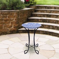 Alpine Corporation 24" Tall Outdoor Mosaic Style Glass Birdbath Bowl with Metal Stand, Blue