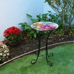 Alpine Corporation 24" Tall Outdoor Floral Glass Birdbath Bowl with Metal Stand, Multicolor