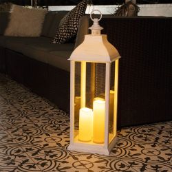 White Candlelit Lantern with Warm White LED Lights - Large