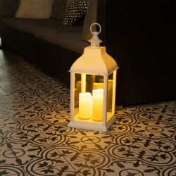 White Candlelit Lantern with Warm White LED Lights - Small