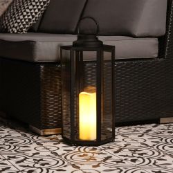 Black Hexagonal Candlelit Lantern with Warm White LEDs- Large