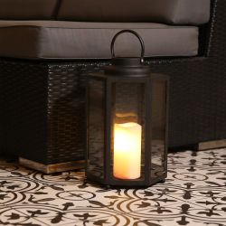 Black Hexagonal Candlelit Lantern with Warm White LEDs -Small