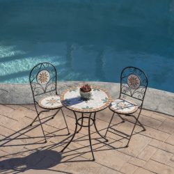 Alpine Corporation Indoor/Outdoor 3-Piece Mosaic Bistro Set Folding Table and Chairs Patio Seating, Tan