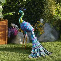 Alpine Corporation 28" Tall Outdoor Metallic Peacock Standing Yard Statue Decoration, Multicolor