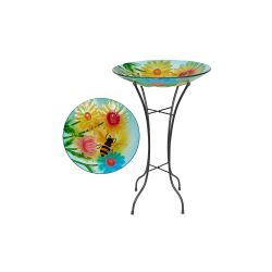 Alpine Corporation 20"L 18" Glass Birdbath w/ Flowers & Bee w/ Metal Stand