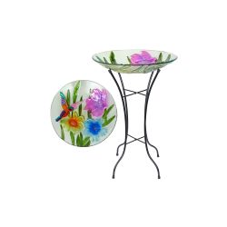 Alpine Corporation 20"L 18" Glass Floral Hummingbird  Birdbath with Metal Stand