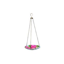 Alpine Corporation 17"L 10" Glass Hanging Bird Feeder w/ Red Flowers & Hummingbird