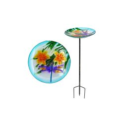 Alpine Corporation 20"L 10" Glass Stake Birdbath w/ Flowers & Dragonfly