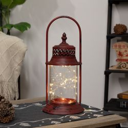 Alpine Corporation Antique Metal & Glass Lantern with Warm LED Lights, Red