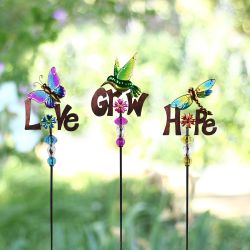 Metal/Glass Love/Hope/Grow Garden Stake-Asstd Display of 12