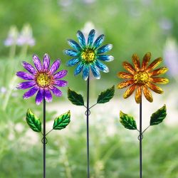 Vibrant Metallic Daisy Garden Stake - Asst Display of 12