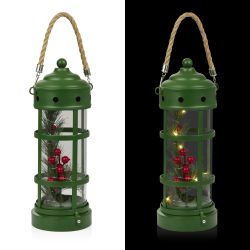 Alpine Corporation Metal and Glass Lantern with Warm White LED Lights, Green