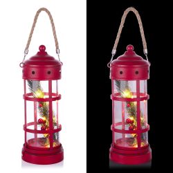 Alpine Corporation Metal and Glass Lantern with Warm White LED Lights, Red