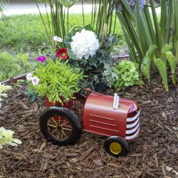 Alpine Corporation 11" Tall Indoor/Outdoor Metal Tractor Flower Planter with Stand, Red