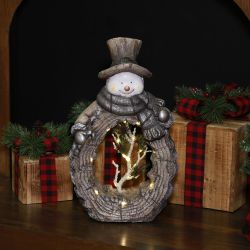 Alpine Corporation Snowman Statue with Carved Wood Look and LED Lights