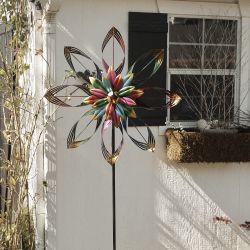 Alpine Corporation 82"H Outdoor Embellished Rainbow Flower Metal Wind Spinner Stake Lawn Decoration