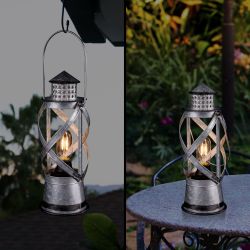 Alpine Corporation 15"H Indoor/Outdoor Vintage Metal Lantern with LED Lights, Silver