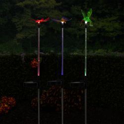 Alpine Corporation 33" Tall Set of 3 Butterfly, Hummingbird and Dragonfly Solar Fiber Optic LED  Light Garden Stakes