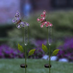 Solar Butterfly Rain Gauge Stake w/LED - Asstd Display of 6