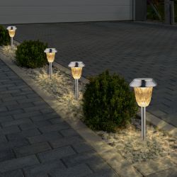 Alpine Corporation 17" Tall Outdoor Solar Powered Pathway LED Light Stakes, Silver (Set of 4)