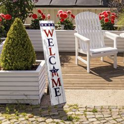 Alpine Corporation 48"H Indoor/Outdoor Wooden American Porch "Welcome" Sign, Red/White/Blue