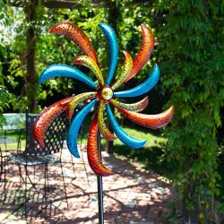 Alpine Corporation 63" Tall Outdoor Curved Blade Windmill Stake Kinetic Spinner, Multicolor