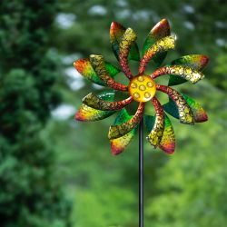 Alpine Corporation 64" Tall Floral Windmill Stake with Jeweled Kinetic Spinner, Green and Orange