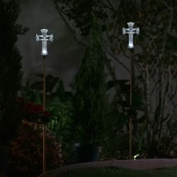 Alpine Corporation 34" Tall Outdoor Solar Powered Cross Pathway Light Stakes (Set of 2)