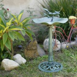 Alpine Corporation 33" Tall Outdoor Lotus Birdbath Yard Statue, Green