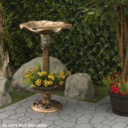 Alpine Corporation 29"H Outdoor Pedestal Birdbath with Planter Base and Solar-Powered LED Lights, Bronze