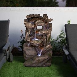 Alpine Corporation 40" Tall Outdoor 6-Tier Rainforest Wood and Rock Waterfall Fountain with LED Lights