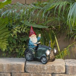 Alpine Corporation 10" Tall Outdoor Garden Gnome Riding Green Tractor Yard Statue Decoration with LED Lights, Multicolor