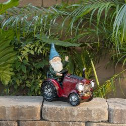 Alpine Corporation 10" Tall Outdoor Garden Gnome Riding Red Tractor Yard Statue Decoration with LED Lights, Multicolor