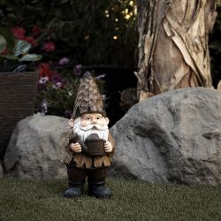 Alpine Corporation 16"H Indoor/Outdoor Garden Gnome with Watering Can Statue, Brown