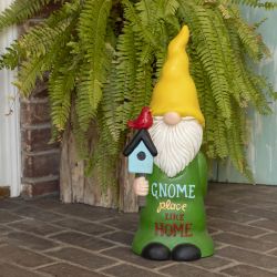 Alpine Corporation 24"H "Gnome Place Like Home" Indoor/Outdoor Garden Gnome Statue, Green/Yellow